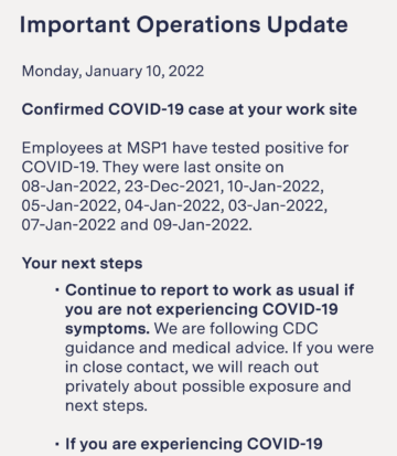 A re-creation of a notification received by a Minnesota Amazon warehouse worker titled Important Operations Update that says only that there was a confirmed COVID-19 case "at your worksite" and dates employees tested positive, plus instructions on reporting to work, etc. It does not include the number of cases.