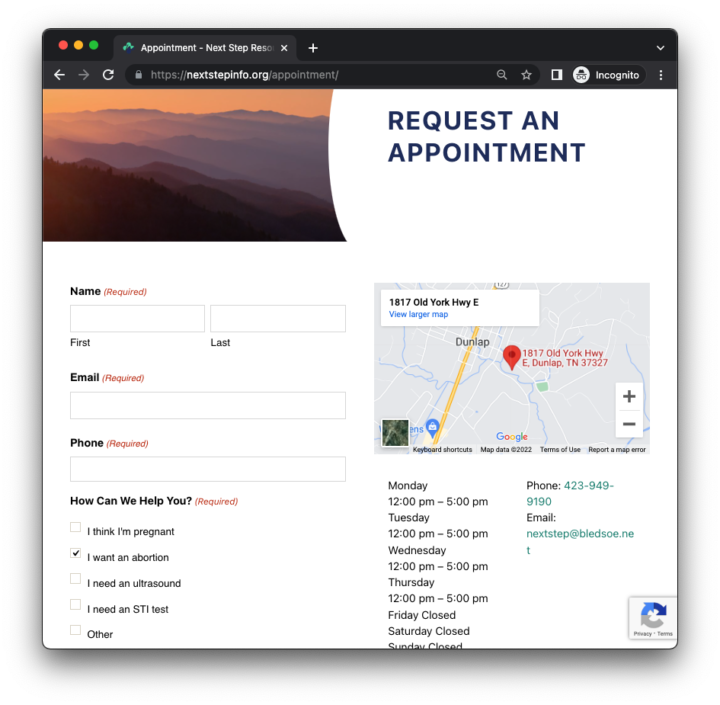 Screenshot of an appointment form for nextstepinfo.org