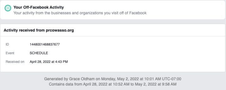 Screenshot from Meta's Privacy center listing the ID, schedule and time received