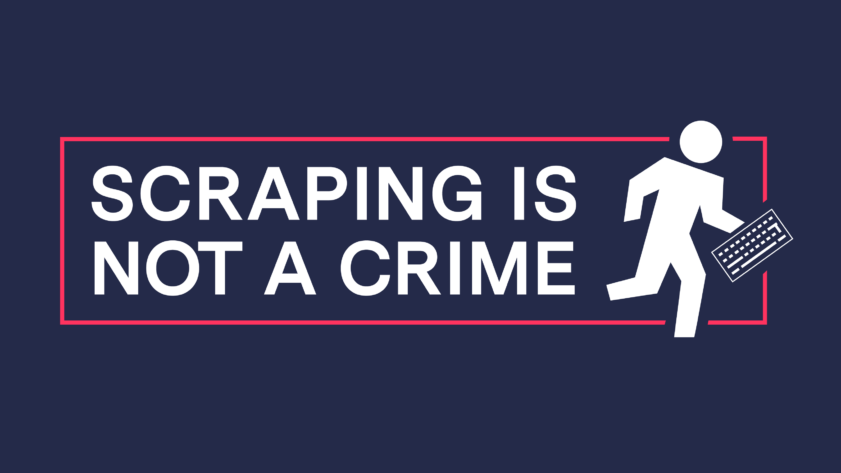 Digital design of the text "SCRAPING IS NOT A CRIME" in white sans-serif font. To the right is a human figure running while holding a keyboard.