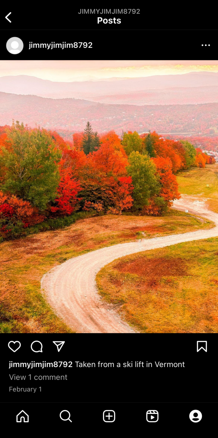 Instagram post that shows red and green trees in Vermont. Underneath the caption is a link to “View 1 comment.”