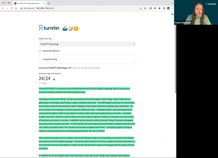 David Adamson, an AI scientist at Turnitin, shows Turnitin’s AI writing-detection capabilities in a video demonstration. Twenty-four out of 24 sentences from this sample essay are flagged to come from ChatGPT.